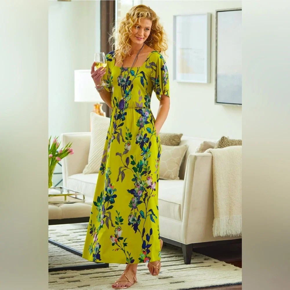 Soft Surroundings Maise Yellow Floral Smocked Maxi Dress SZ M Squire Neck Boho